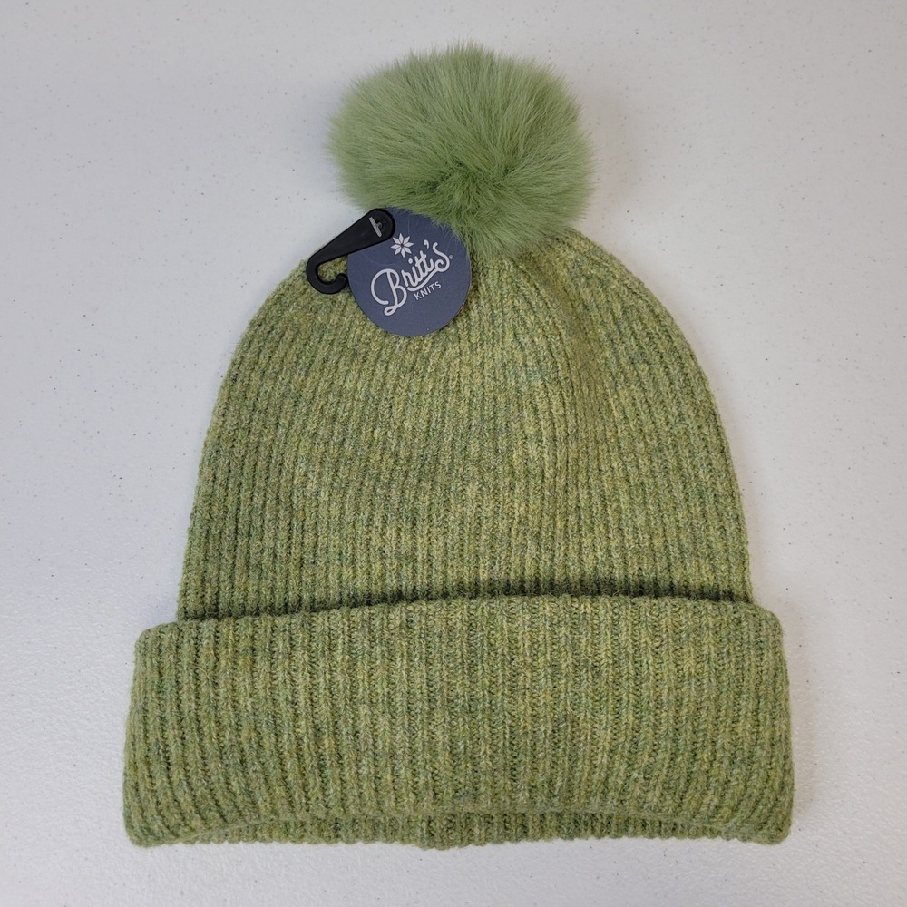 Britts Knits Powder Knit Pom Hat Green Beanie Ribbed Cuffed Faux Fur Pom